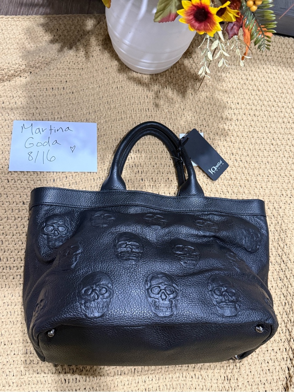 Large black leather IO Pelle Italia embossed skull bag NWT